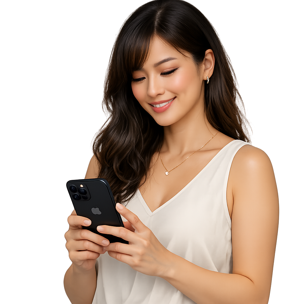 Asian woman using free chat line numbers